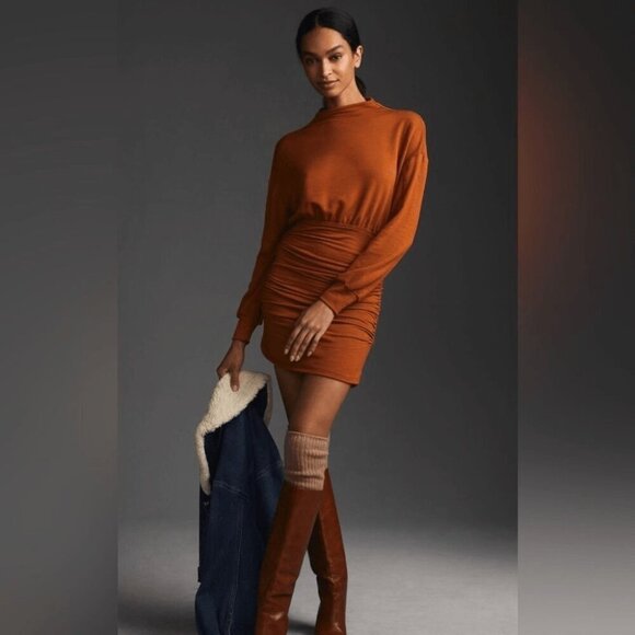 Daily Practice Rust Brown Ruched Mini Sweater Dress Open Back Long Sleeve Small - Picture 2 of 12
